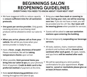 Beginnings Salon Reopening guidelines